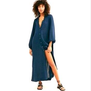 NWOT Free People Miki Navy Button Down Long Sleeve Maxi Shirt Dress